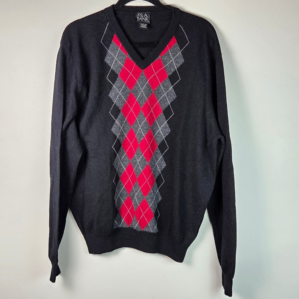 Jos. A. Bank Argyle Sweater Mens L Black Lambswool V-Neck 1440009201029